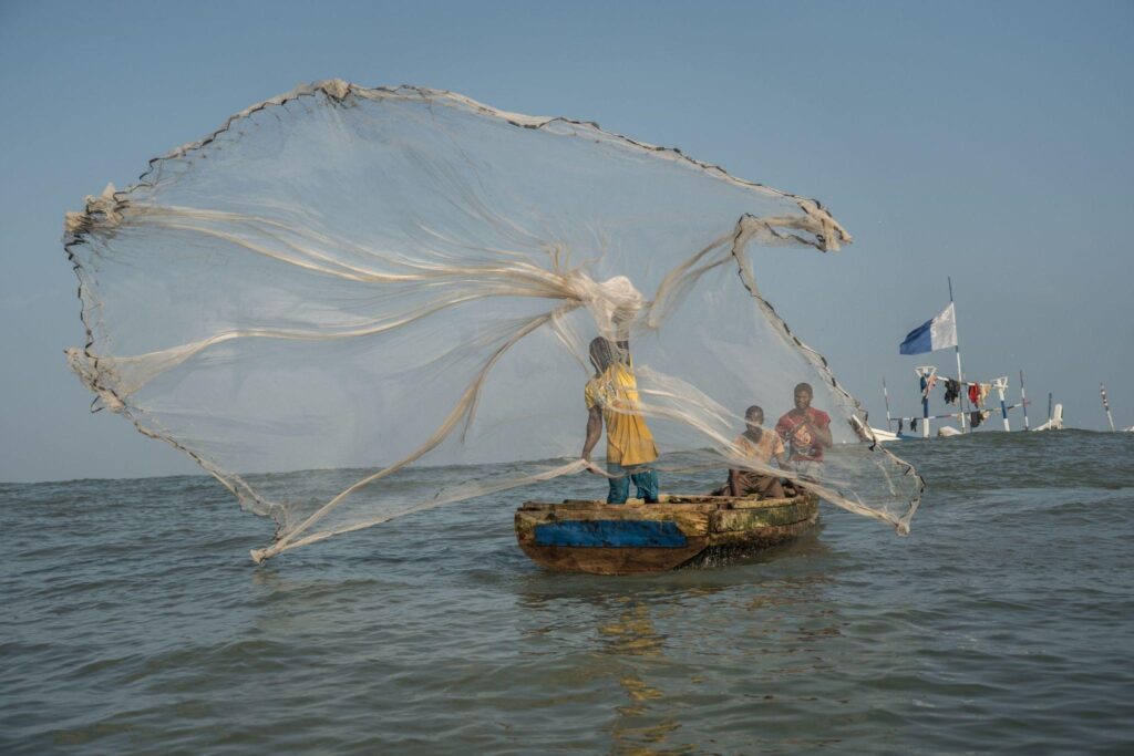 African fishermen casting a fishing net at sunrise on the Ghana coast Without A Degree